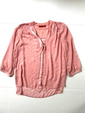 ELLE Blouse - Women's Sheer Top Pink Peach V-Neck With Neckline Tie - Size Large